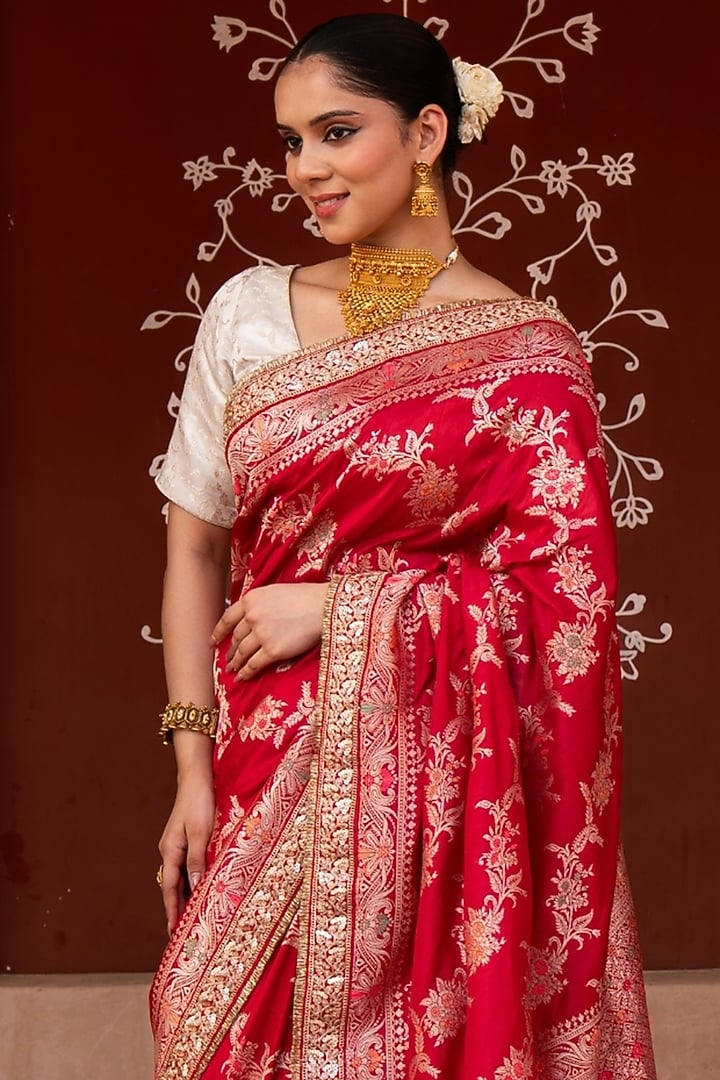 Red Pure Katan Banarasi Silk Handloom Party Wear Saree Set by Zal From Benaras at Pernia's Pop Up Shop