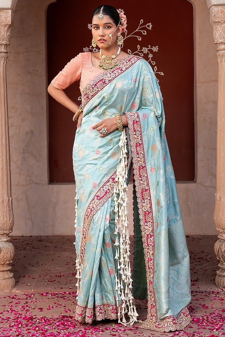 Sky Blue Pure Katan Banarasi Silk Handloom Party Wear Saree Set by Zal From Benaras at Pernia's Pop Up Shop