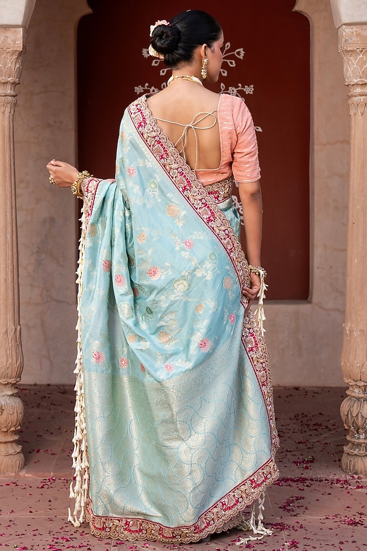 Sky Blue Pure Katan Banarasi Silk Handloom Party Wear Saree Set by Zal From Benaras at Pernia's Pop Up Shop
