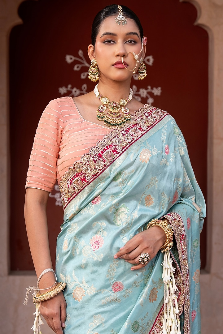 Sky Blue Pure Katan Banarasi Silk Handloom Party Wear Saree Set by Zal From Benaras at Pernia's Pop Up Shop
