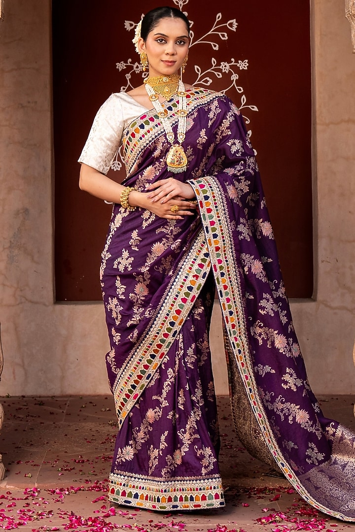 Dark Purple Pure Katan Banarasi Silk Handloom Party Wear Saree Set by Zal From Benaras at Pernia's Pop Up Shop