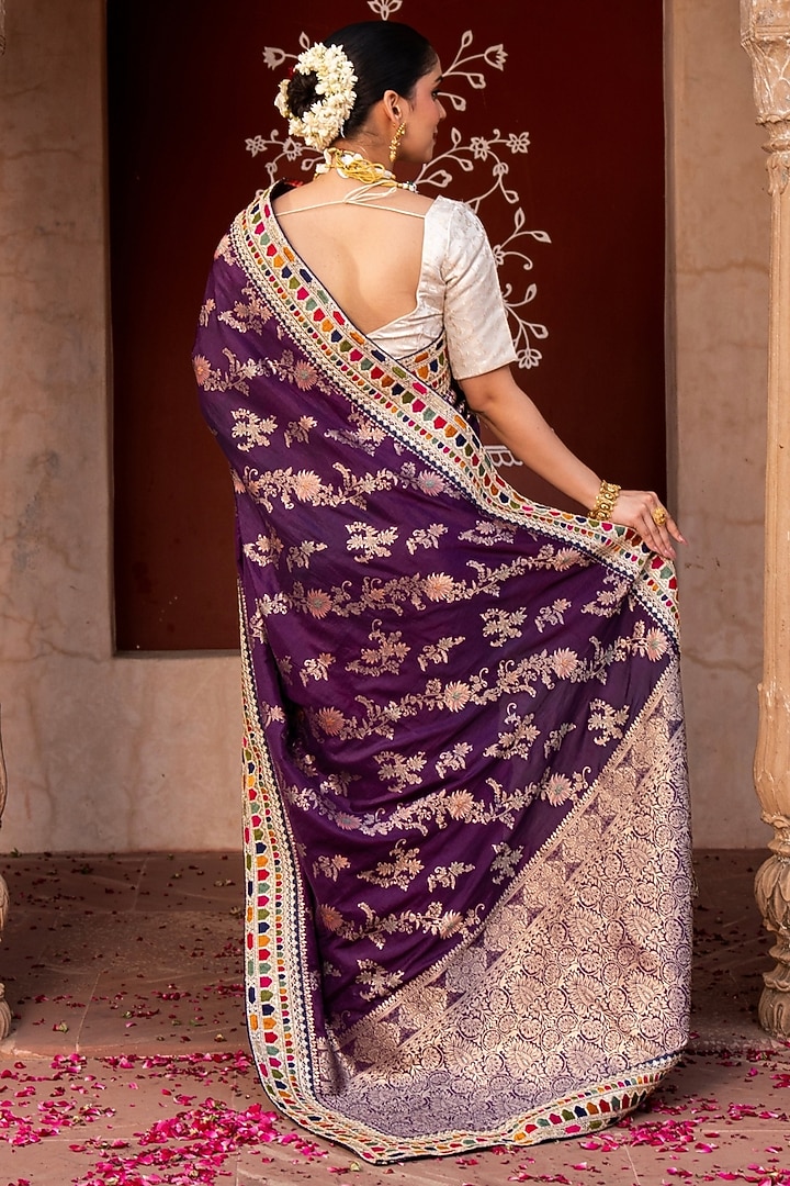 Dark Purple Pure Katan Banarasi Silk Handloom Party Wear Saree Set by Zal From Benaras at Pernia's Pop Up Shop