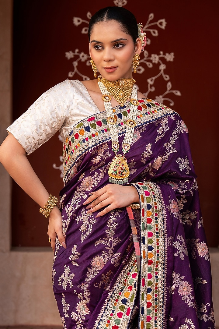 Dark Purple Pure Katan Banarasi Silk Handloom Party Wear Saree Set by Zal From Benaras at Pernia's Pop Up Shop