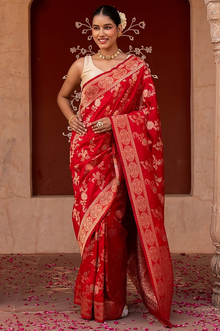 Red Pure Katan Banarasi Silk Handloom Party Wear Saree Set by Zal From Benaras at Pernia's Pop Up Shop