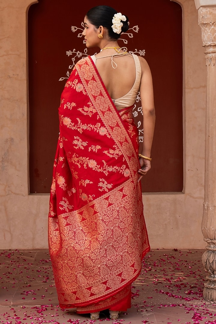 Red Pure Katan Banarasi Silk Handloom Party Wear Saree Set by Zal From Benaras at Pernia's Pop Up Shop