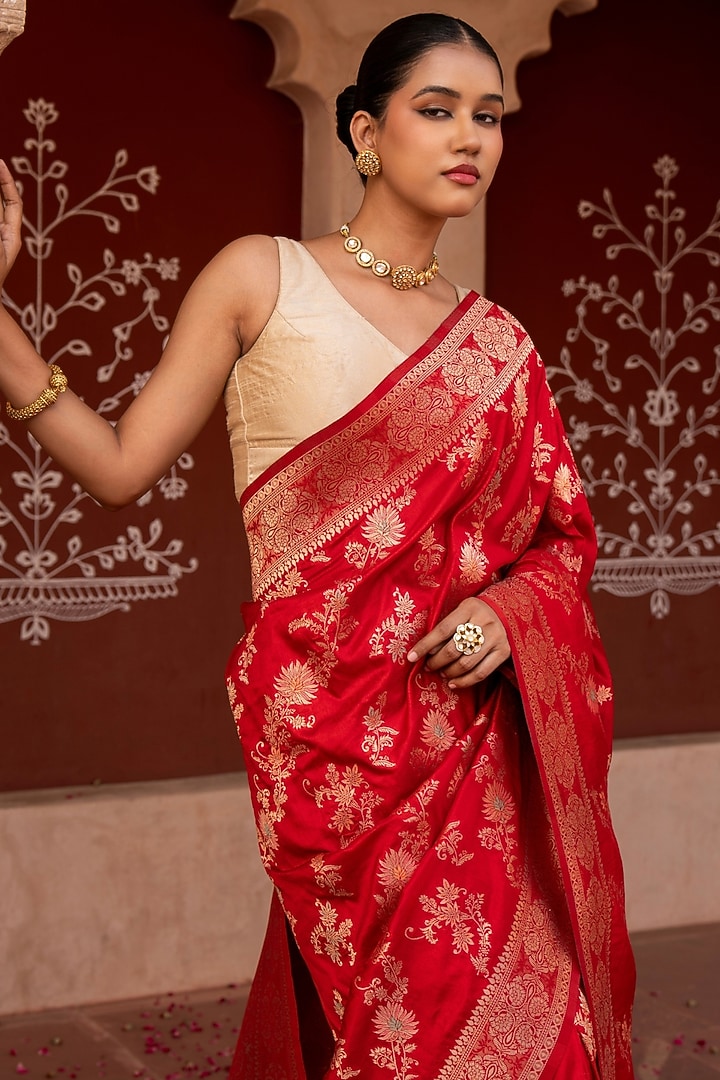 Red Pure Katan Banarasi Silk Handloom Party Wear Saree Set by Zal From Benaras at Pernia's Pop Up Shop
