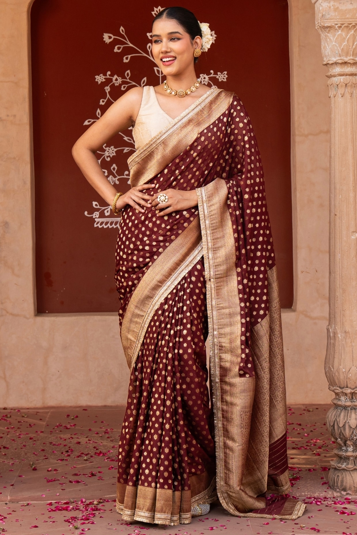 Zal From Benaras Maroon Pure Chiffon Banarasi Silk Handloom Saree Set