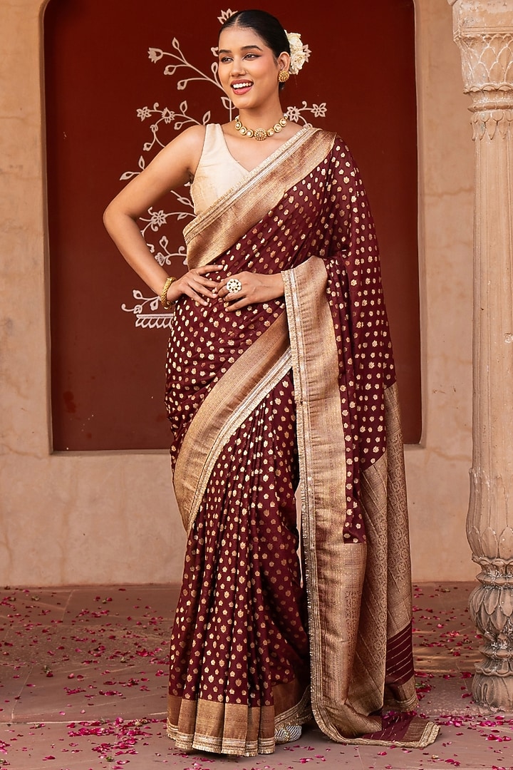 Maroon Pure Chiffon Banarasi Silk Handloom Party Wear Saree Set by Zal From Benaras at Pernia's Pop Up Shop