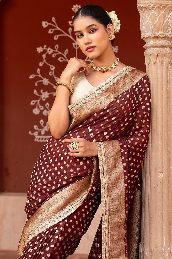 Maroon Pure Chiffon Banarasi Silk Handloom Party Wear Saree Set by Zal From Benaras at Pernia's Pop Up Shop