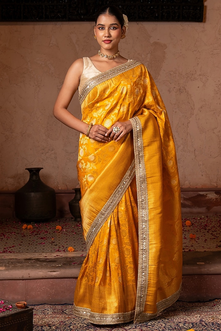 Yellow Pure Katan Banarasi Silk Handloom Party Wear Saree Set by Zal From Benaras at Pernia's Pop Up Shop