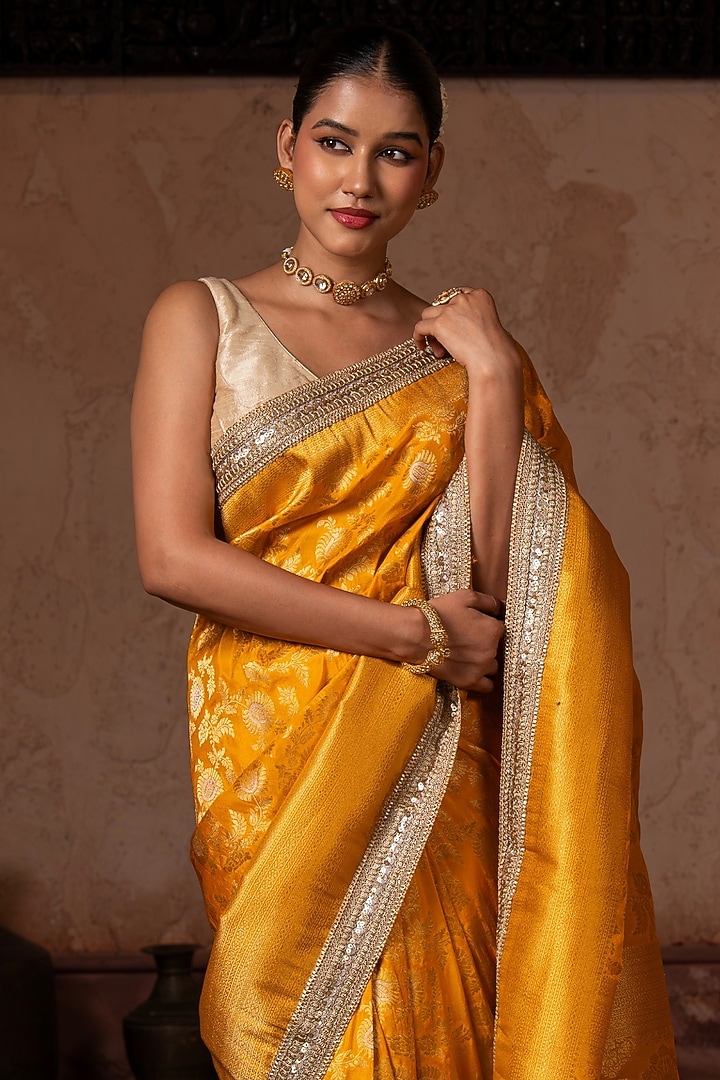 Yellow Pure Katan Banarasi Silk Handloom Party Wear Saree Set by Zal From Benaras at Pernia's Pop Up Shop