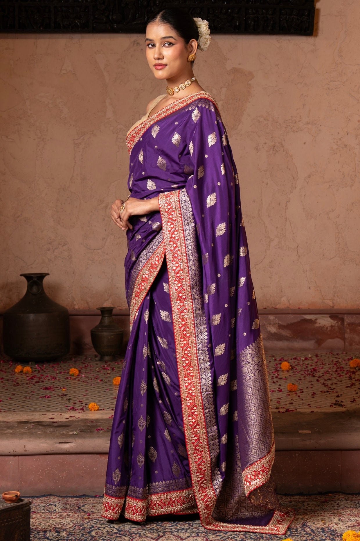 Zal From Benaras Purple Pure Katan Banarasi Silk Handloom Saree Set