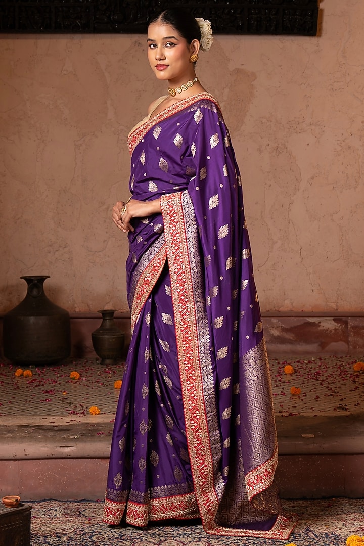 Purple Pure Katan Banarasi Silk Handloom Wedding Saree Set by Zal From Benaras at Pernia's Pop Up Shop