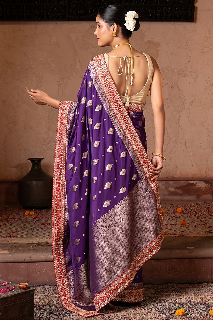 Purple Pure Katan Banarasi Silk Handloom Wedding Saree Set by Zal From Benaras at Pernia's Pop Up Shop