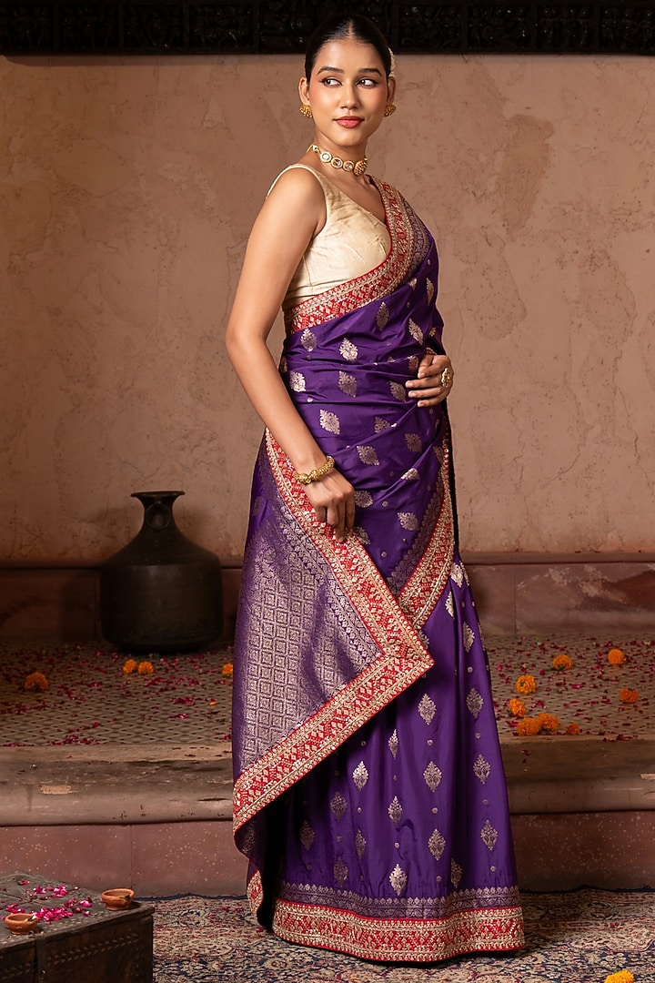 Purple Pure Katan Banarasi Silk Handloom Wedding Saree Set by Zal From Benaras at Pernia's Pop Up Shop