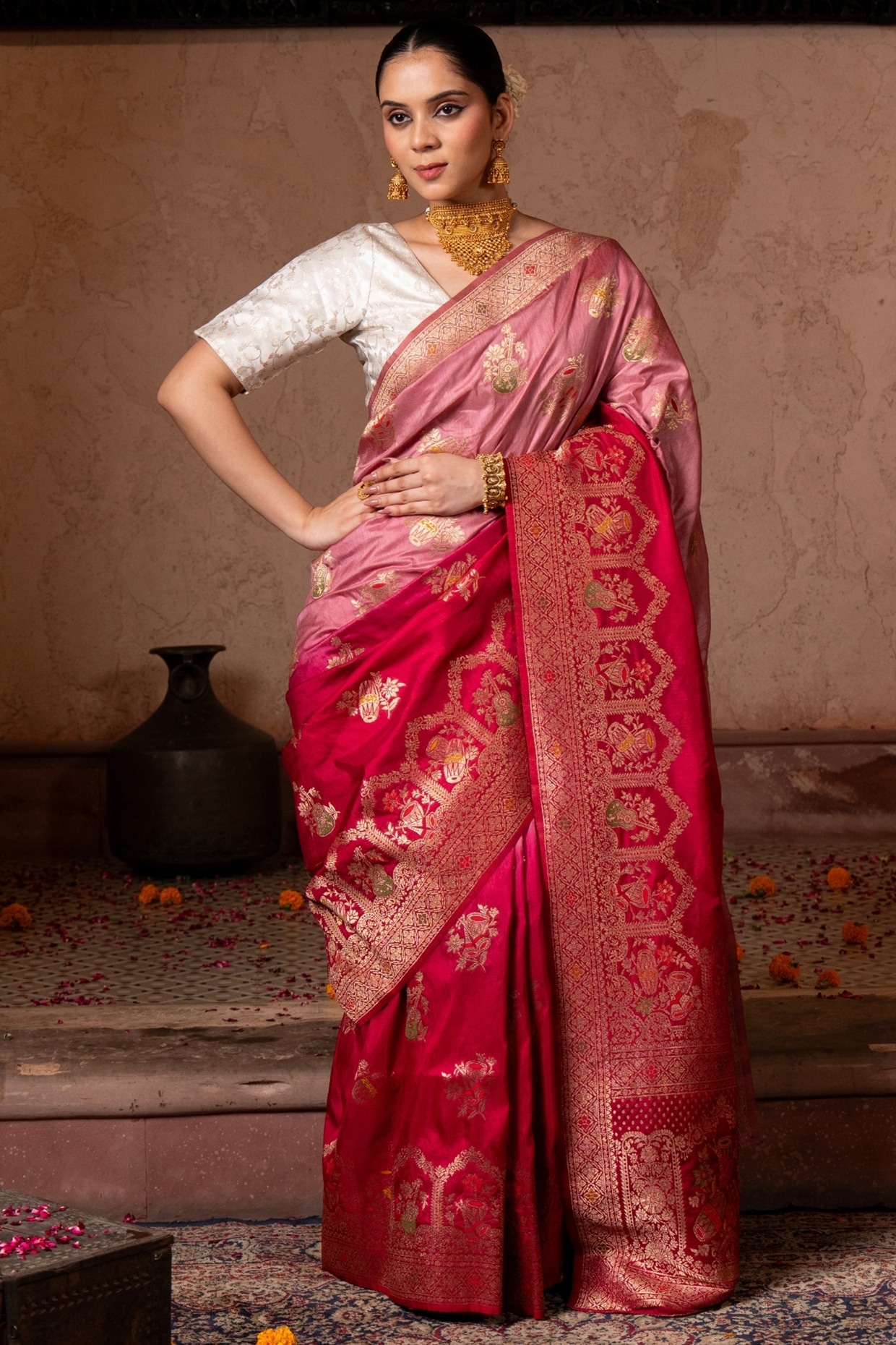 Zal From Benaras Red Pink Pure Katan Banarasi Silk Handloom Saree Set