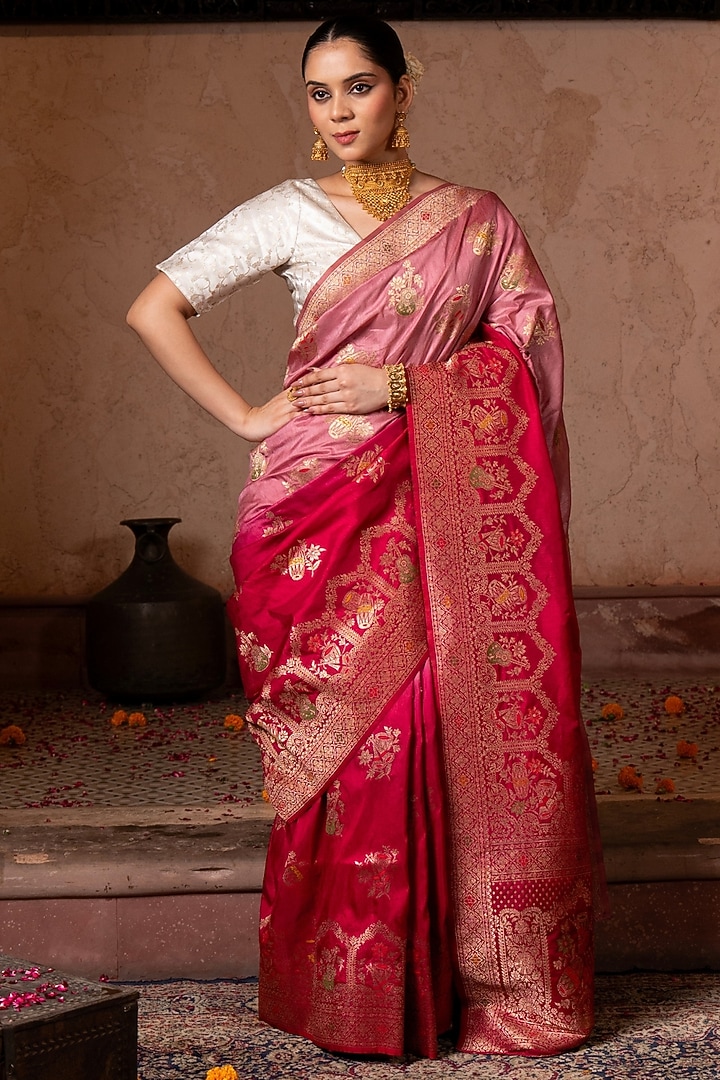Red Pink Pure Katan Banarasi Silk Handloom Party Wear Saree Set by Zal From Benaras at Pernia's Pop Up Shop