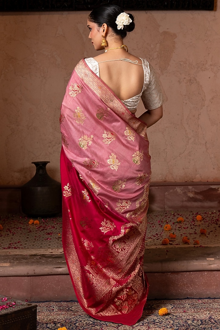 Red Pink Pure Katan Banarasi Silk Handloom Party Wear Saree Set by Zal From Benaras at Pernia's Pop Up Shop