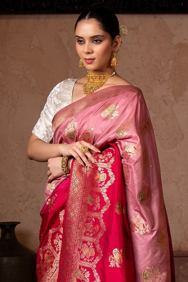 Red Pink Pure Katan Banarasi Silk Handloom Party Wear Saree Set by Zal From Benaras at Pernia's Pop Up Shop