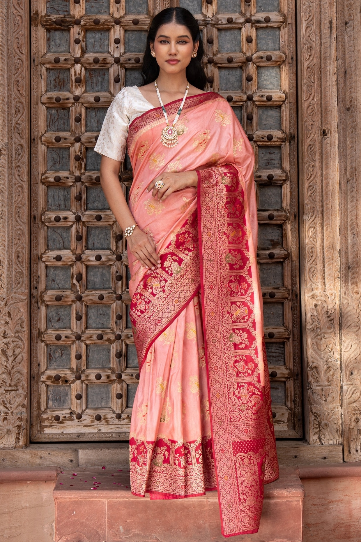 Zal From Benaras Peach Pure Katan Banarasi Silk Handloom Saree Set