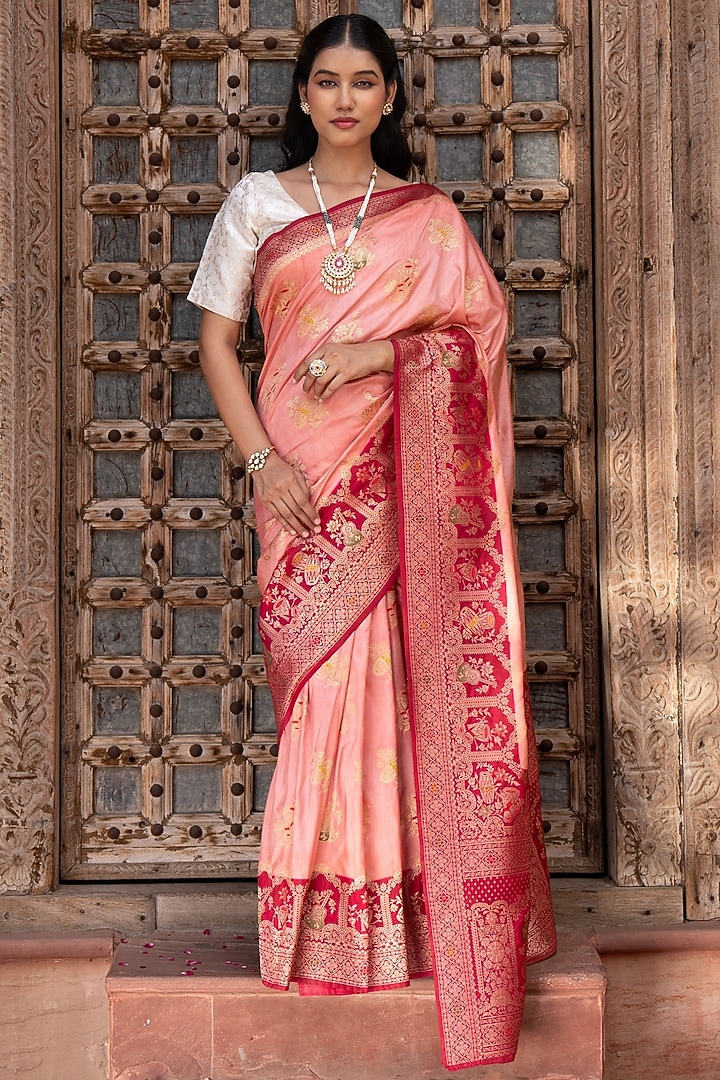 Peach Pure Katan Banarasi Silk Handloom Party Wear Saree Set by Zal From Benaras at Pernia's Pop Up Shop