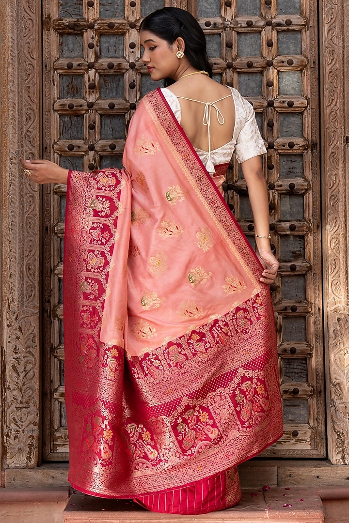 Peach Pure Katan Banarasi Silk Handloom Party Wear Saree Set by Zal From Benaras at Pernia's Pop Up Shop
