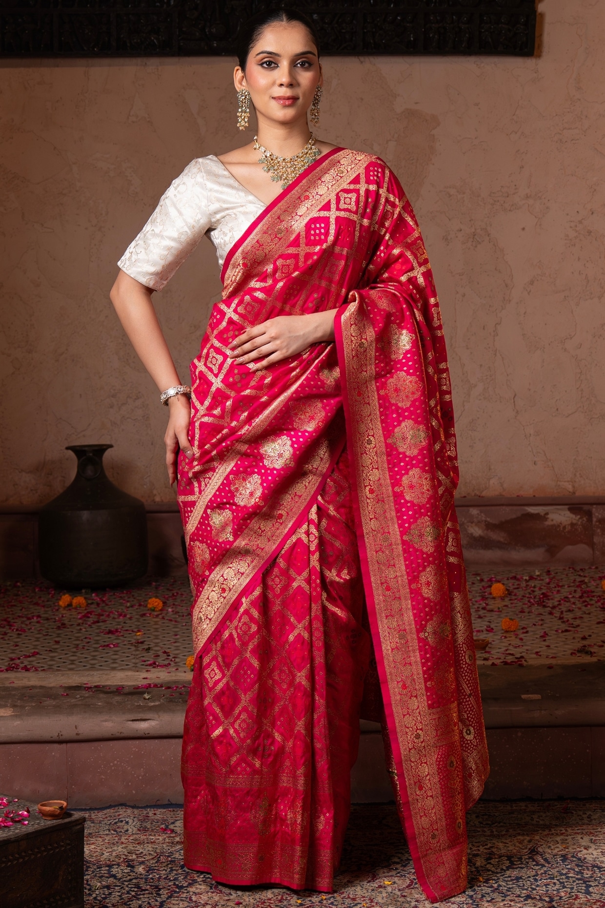 Zal From Benaras Pink Pure Moonga Banarasi Silk Handloom Gharchola Saree Set