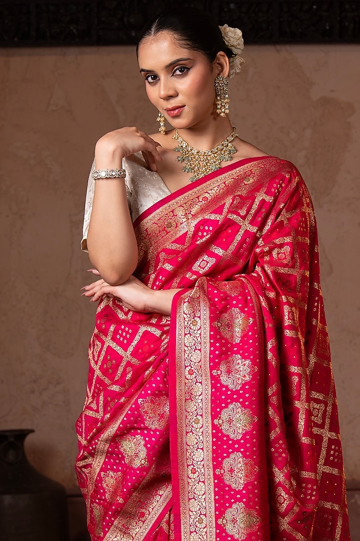 Pink Pure Moonga Banarasi Silk Handloom Gharchola Party Wear Saree Set by Zal From Benaras at Pernia's Pop Up Shop