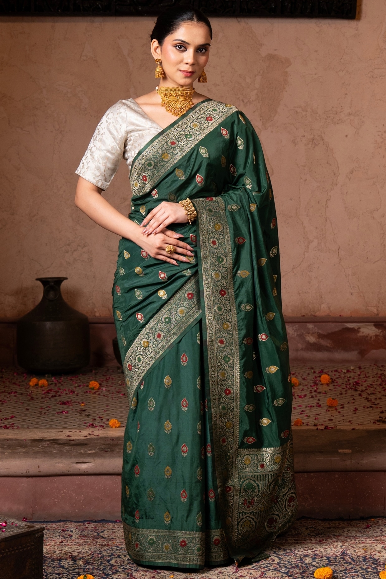 Zal From Benaras Bottle Green Pure Katan Banarasi Silk Handloom Saree Set