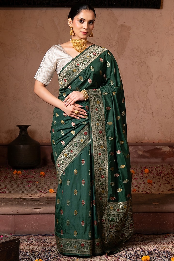 Bottle Green Pure Katan Banarasi Silk Handloom Party Wear Saree Set by Zal From Benaras at Pernia's Pop Up Shop