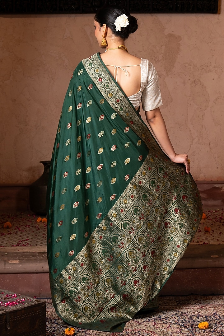 Bottle Green Pure Katan Banarasi Silk Handloom Party Wear Saree Set by Zal From Benaras at Pernia's Pop Up Shop