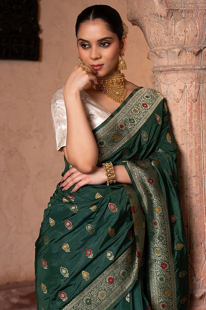 Bottle Green Pure Katan Banarasi Silk Handloom Party Wear Saree Set by Zal From Benaras at Pernia's Pop Up Shop