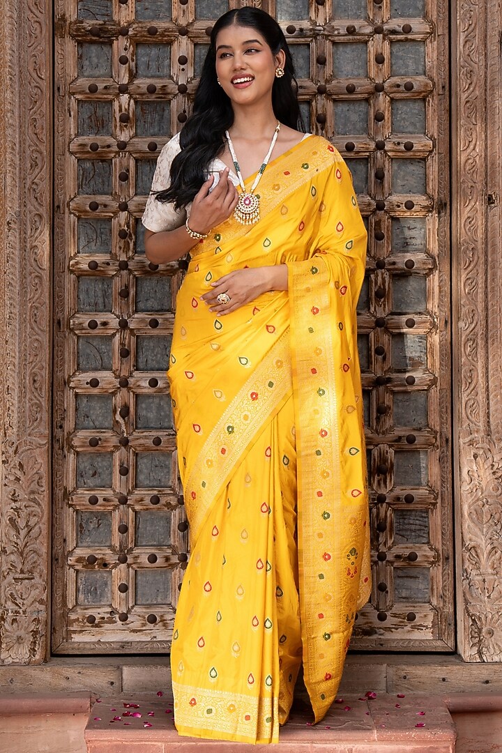Mustard Yellow Pure Katan Banarasi Silk Handloom Party Wear Saree Set by Zal From Benaras at Pernia's Pop Up Shop