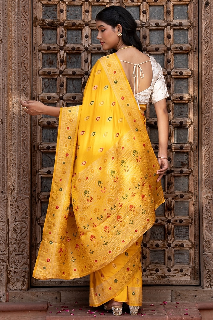 Mustard Yellow Pure Katan Banarasi Silk Handloom Party Wear Saree Set by Zal From Benaras at Pernia's Pop Up Shop