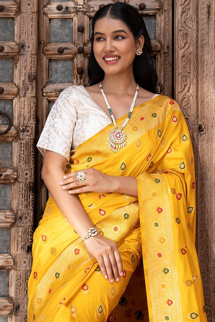 Mustard Yellow Pure Katan Banarasi Silk Handloom Party Wear Saree Set by Zal From Benaras at Pernia's Pop Up Shop