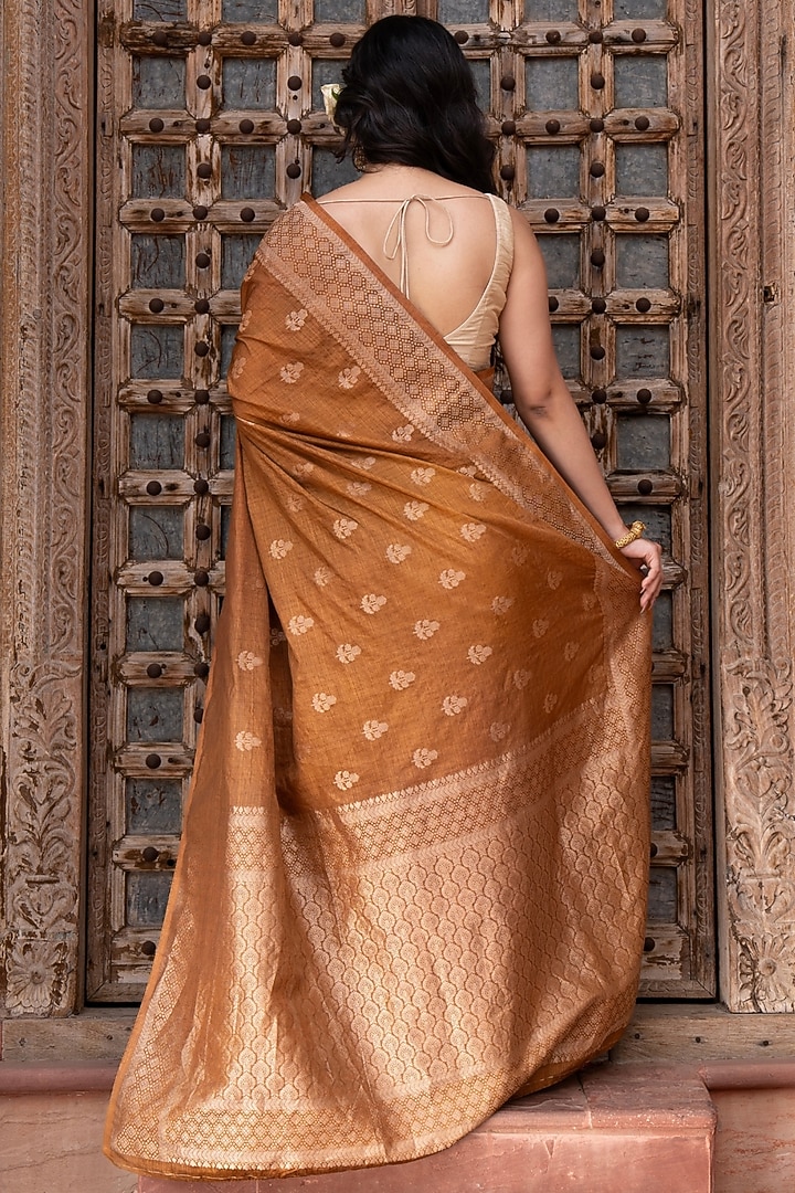 Coffee-Colored Pure Katan Banarasi Silk Handloom Party Wear Saree Set by Zal From Benaras at Pernia's Pop Up Shop