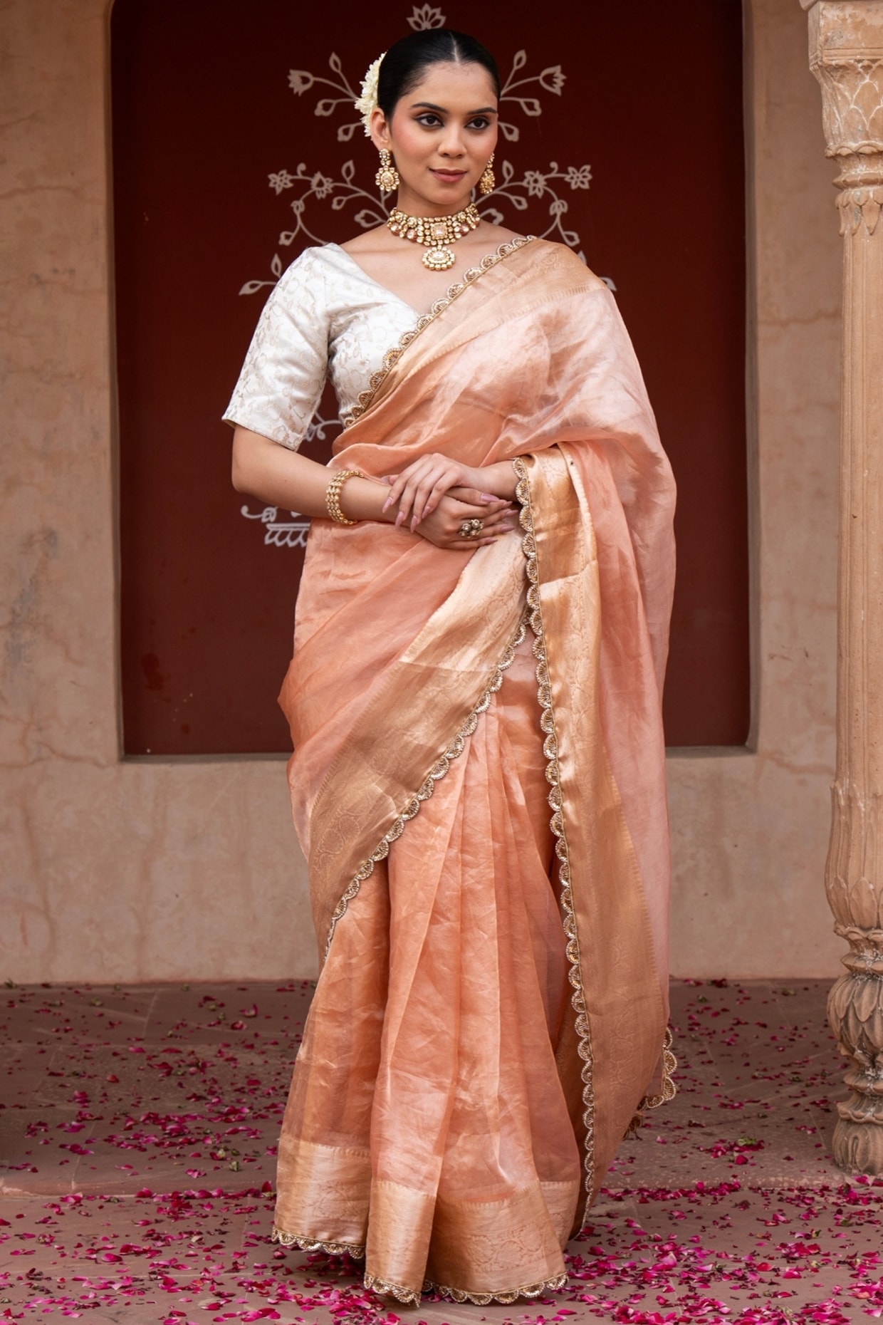 Zal From Benaras Peach Pure Tissue Silk Banarasi Handloom Saree Set