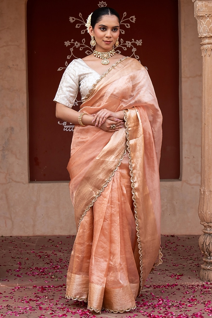 Peach Pure Tissue Silk Banarasi Handloom Wedding Saree Set by Zal From Benaras at Pernia's Pop Up Shop