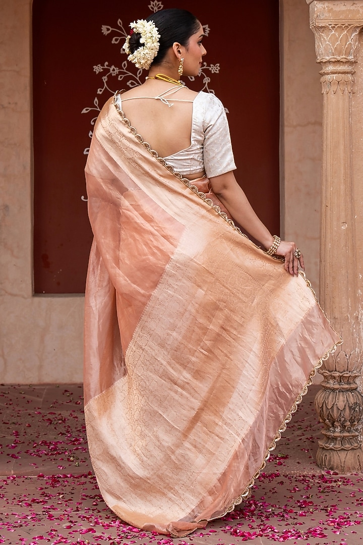 Peach Pure Tissue Silk Banarasi Handloom Wedding Saree Set by Zal From Benaras at Pernia's Pop Up Shop