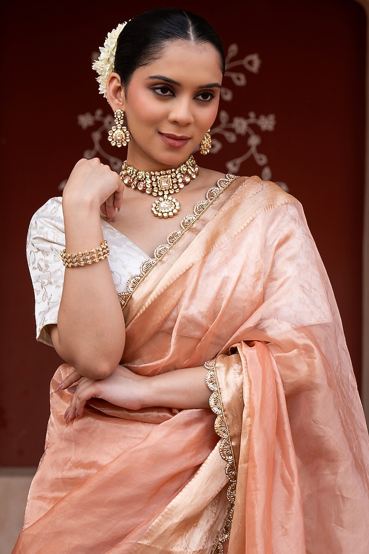 Peach Pure Tissue Silk Banarasi Handloom Wedding Saree Set by Zal From Benaras at Pernia's Pop Up Shop