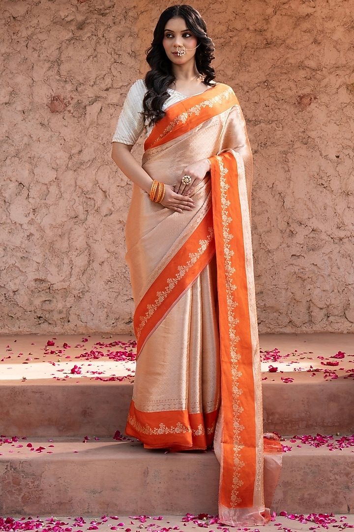 Orange Pure Tissue Silk Brocade Banarasi Handloom Wedding Saree Set by Zal From Benaras at Pernia's Pop Up Shop