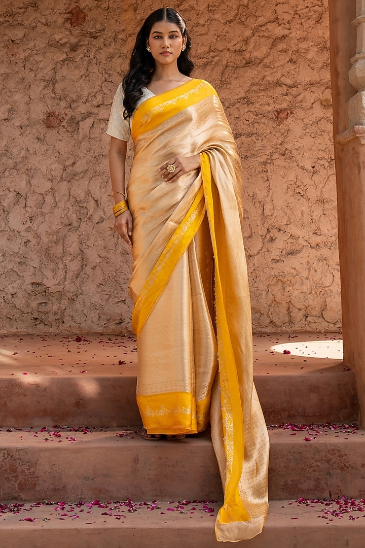 Yellow Pure Tissue Silk Banarasi Brocade Handloom Wedding Saree Set by Zal From Benaras at Pernia's Pop Up Shop