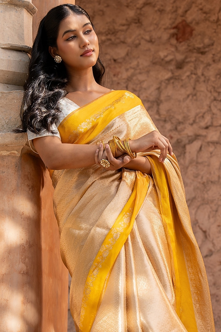 Yellow Pure Tissue Silk Banarasi Brocade Handloom Wedding Saree Set by Zal From Benaras at Pernia's Pop Up Shop