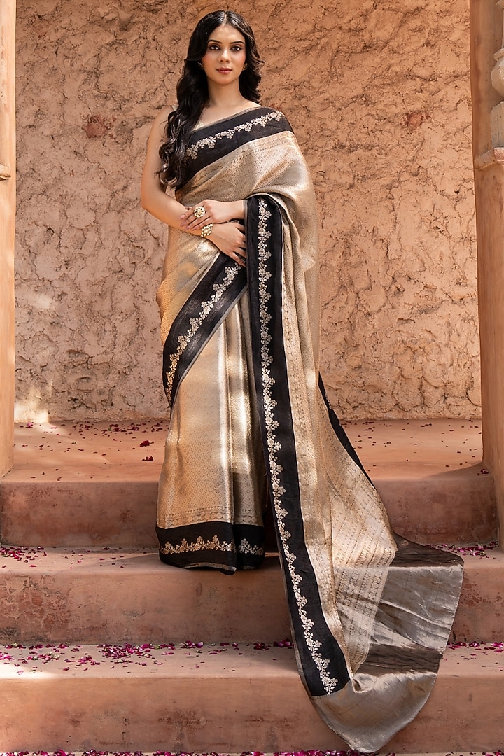 Gold & Black Pure Tissue Silk Banarasi Brocade Handloom Wedding Saree Set by Zal From Benaras at Pernia's Pop Up Shop