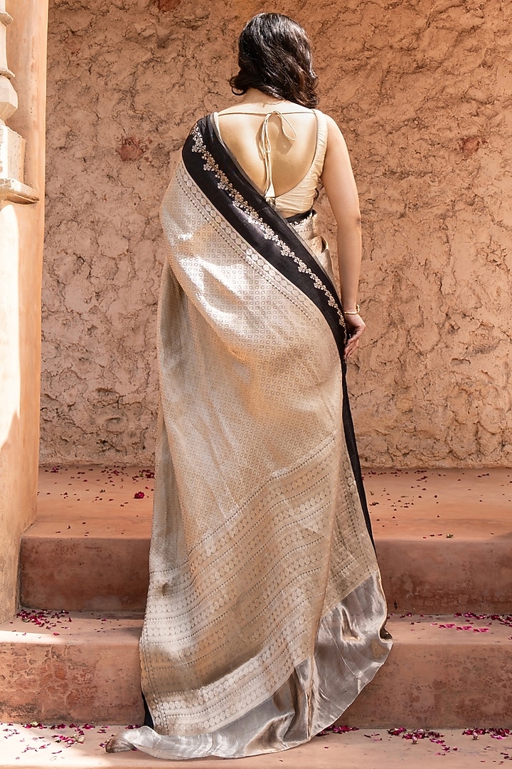 Gold & Black Pure Tissue Silk Banarasi Brocade Handloom Wedding Saree Set by Zal From Benaras at Pernia's Pop Up Shop
