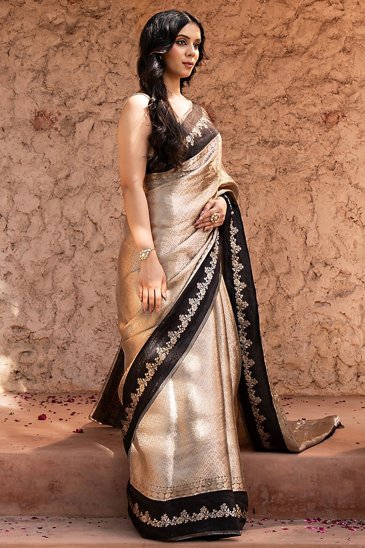 Gold & Black Pure Tissue Silk Banarasi Brocade Handloom Wedding Saree Set by Zal From Benaras at Pernia's Pop Up Shop