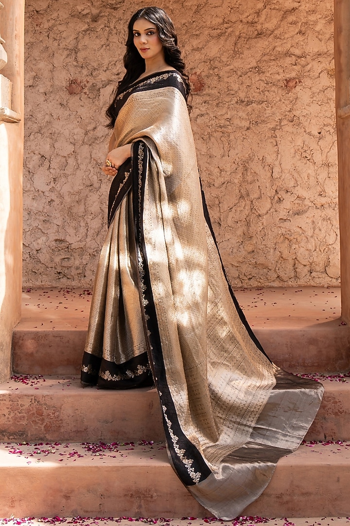 Gold & Black Pure Tissue Silk Banarasi Brocade Handloom Wedding Saree Set by Zal From Benaras at Pernia's Pop Up Shop