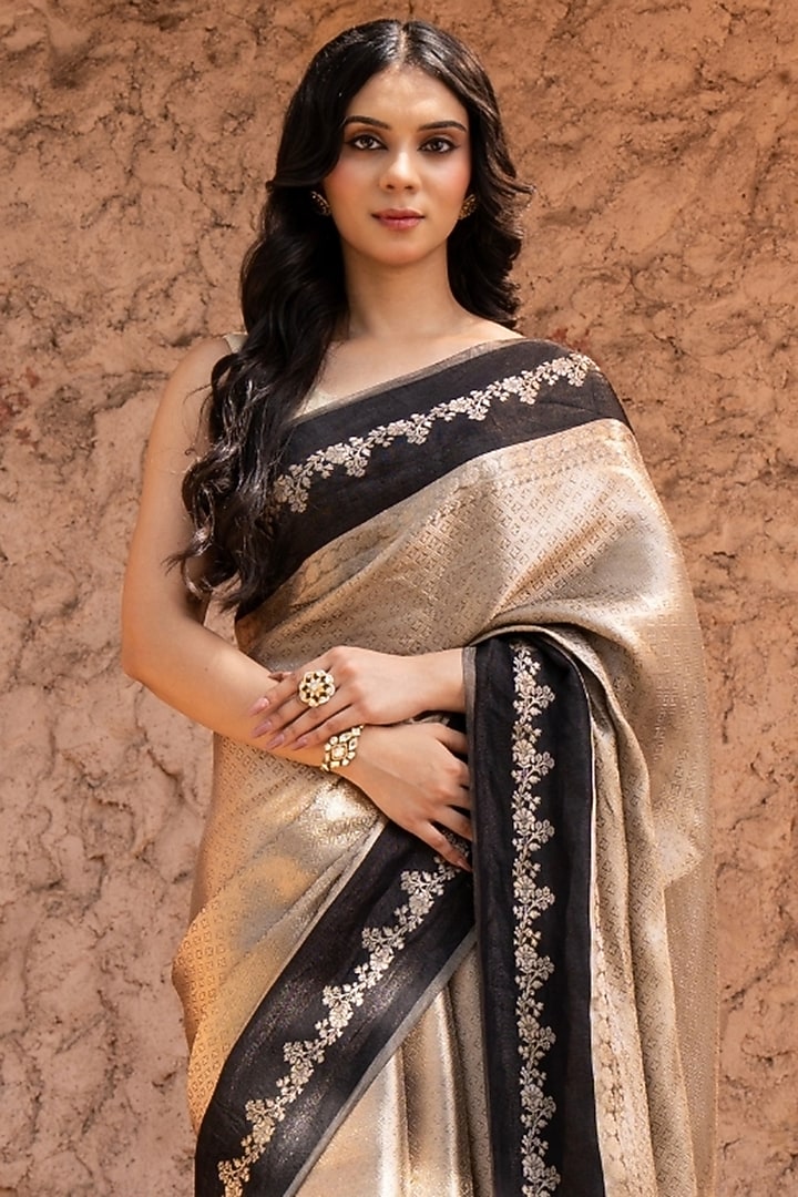Gold & Black Pure Tissue Silk Banarasi Brocade Handloom Wedding Saree Set by Zal From Benaras at Pernia's Pop Up Shop