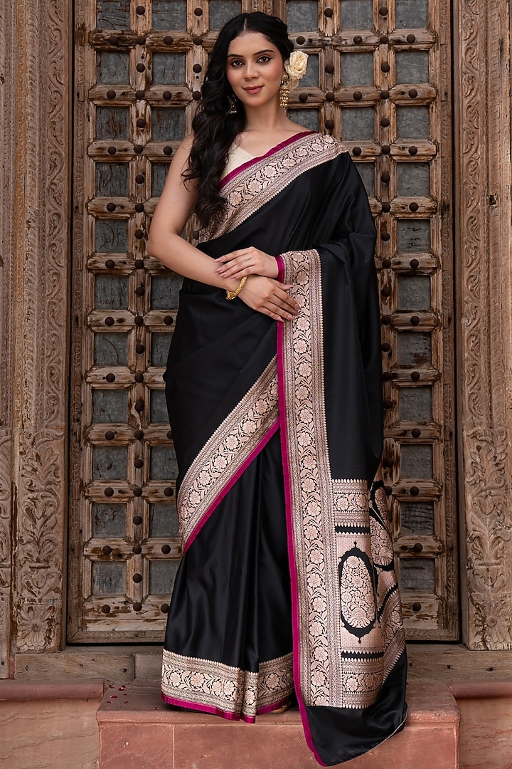 Black Pure Katan Satin Silk Banarasi Handloom Party Wear Saree Set by Zal From Benaras at Pernia's Pop Up Shop