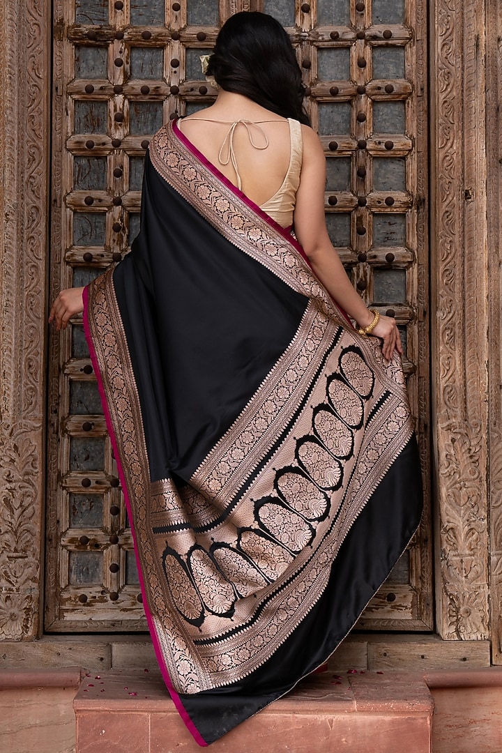 Black Pure Katan Satin Silk Banarasi Handloom Party Wear Saree Set by Zal From Benaras at Pernia's Pop Up Shop